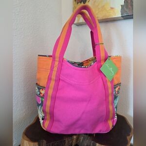 Canvas Tote Bag in Bright Pink and Orange with Floral Trim
